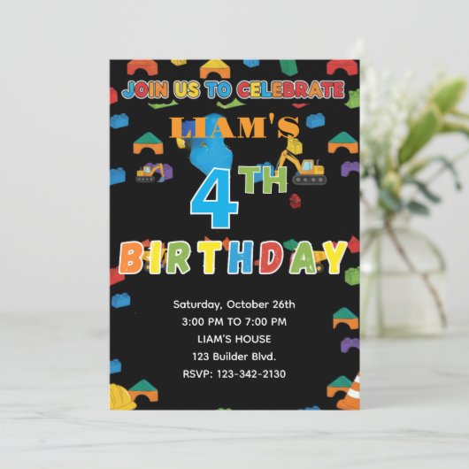 Fun Customizable Construction Birthday Invitation 招待状 (スタンド正面)
