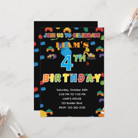 Fun Customizable Construction Birthday Invitation 招待状 (正面/裏面インサイチュ)