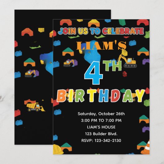 Fun Customizable Construction Birthday Invitation 招待状 (正面/裏面)