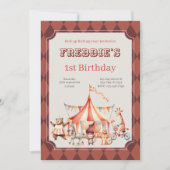 Fun Cute Red and Burgundy Circus Kids Birthday 招待状 (正面)