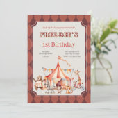 Fun Cute Red and Burgundy Circus Kids Birthday 招待状 (スタンド正面)