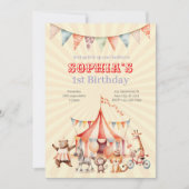 Fun Cute Red and Pink Circus Kids Birthday 招待状 (正面)