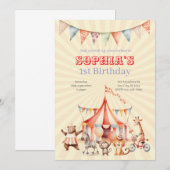 Fun Cute Red and Pink Circus Kids Birthday 招待状 (正面/裏面)