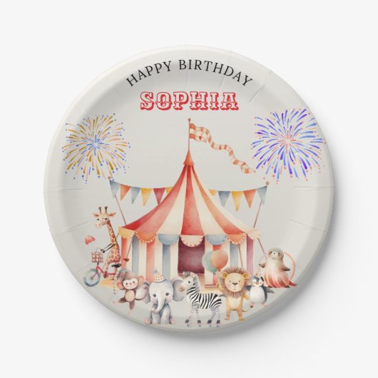 Fun Cute Red Circus Kids Birthday ペーパープレート (正面)