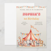 Fun Cute Red Circus Kids Birthday 招待状 (正面/裏面)