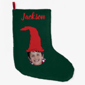 Fun Dark green Elf Hat & Photo & Named ラージクリスマスストッキング (正面)