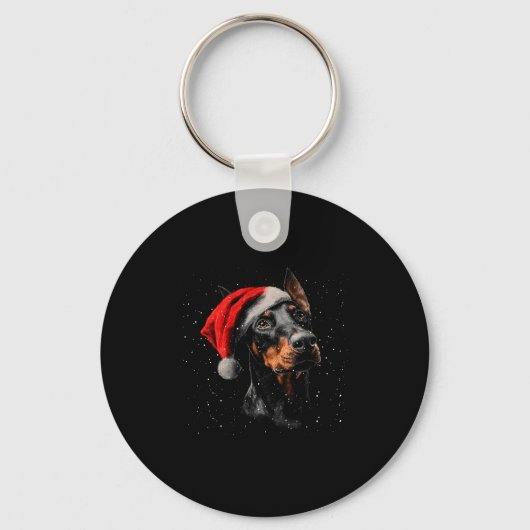 Fun Doberman Dog Christmas Lights Santa Hat Long S キーホルダー (正面)