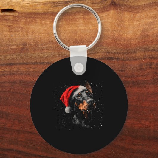 Fun Doberman Dog Christmas Lights Santa Hat Long S キーホルダー (正面)