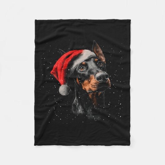 Fun Doberman Dog Christmas Lights Santa Hat Long S フリースブランケット (正面)
