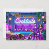 Fun Drive-in Cocktail Bar Birthday Couple Bulldog 招待状 (正面)
