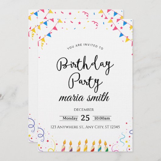 Fun & Editable Birthday Invitation – Custom Party  招待状 (正面/裏面)