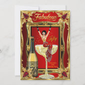 Fun Fabulous Birthday Red Gold Champagne Party 招待状 (正面)