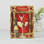 Fun Fabulous Birthday Red Gold Champagne Party 招待状 (スタンド正面)