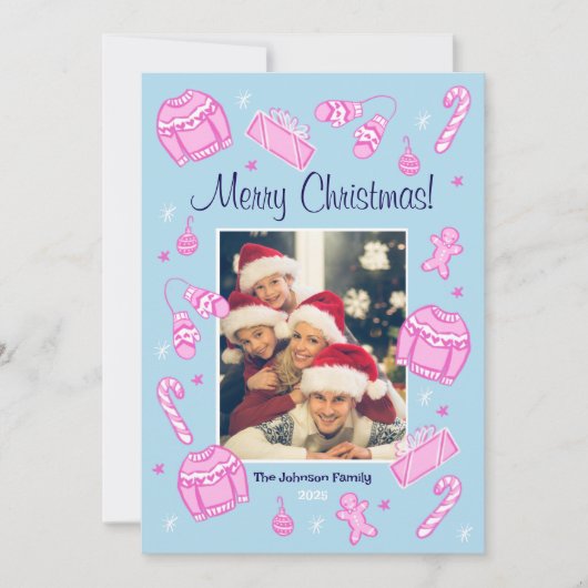 Fun & Festive Blue Doodle Holiday Card シーズンカード (正面)