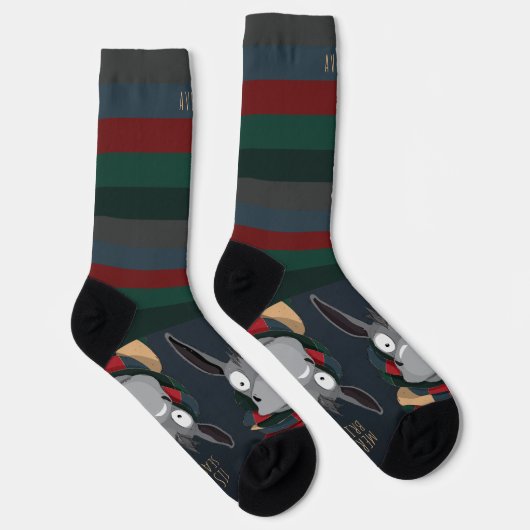 Fun Festive Donkey Cartoon Dark Blue  ソックス (右)