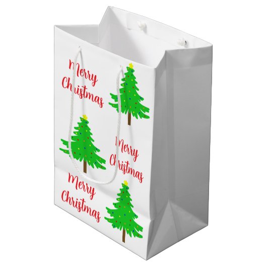 Fun Festive Merry Christmas Trees ミディアムペーパーバッグ (正面アングル)