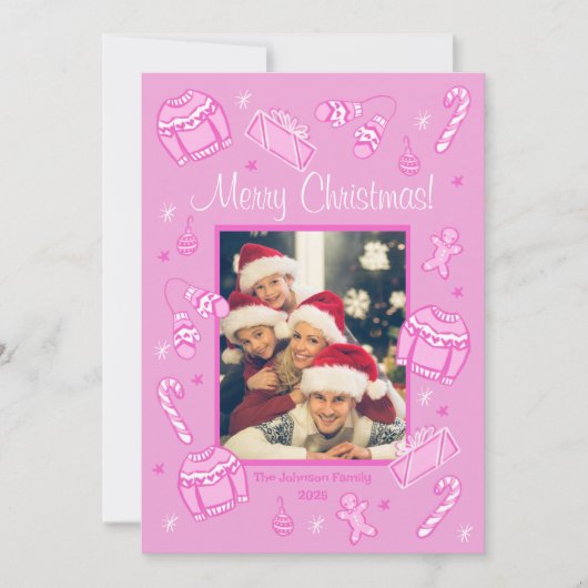 Fun & Festive Pink Doodle Holiday Card シーズンカード (正面)