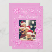 Fun & Festive Pink Doodle Holiday Card シーズンカード (正面/裏面)