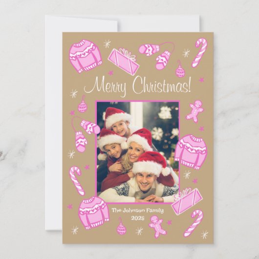 Fun & Festive Pink Doodle Holiday Card シーズンカード (正面)