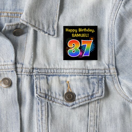 Fun fireworks + rainbow pattern "37" birthday ♯ 缶バッジ (インサイチュ)