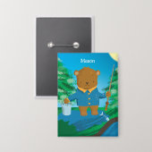 Fun Fishing Brown Bear Kid Pin Button 缶バッジ (正面/裏面)
