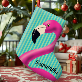 Fun Flamingo Hot Pink Aqua Stripes Modern Tropical ラージクリスマスストッキング