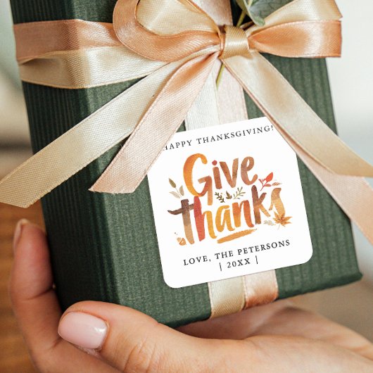 Fun Give Thanks Gratitude Fall Colors Brush Script スクエアシール