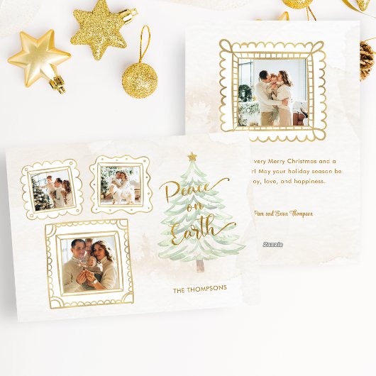 Fun Gold Doodle Frame Peace on Earth 3-Photo シーズンカード