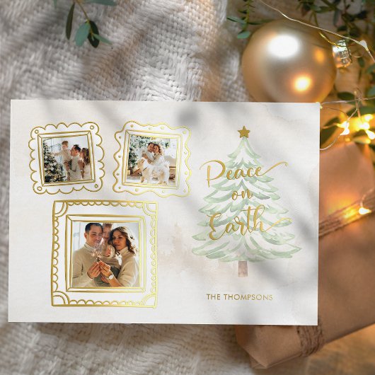 Fun Gold Doodle Frame Peace on Earth 3-Photo 箔シーズンカード