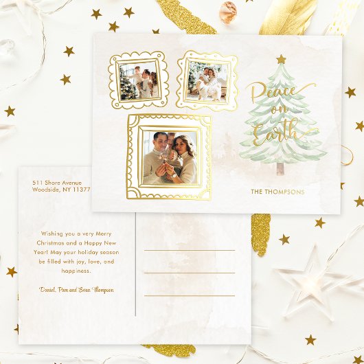 Fun Gold Doodle Frame Peace on Earth 3-Photo 箔シーズンポストカード