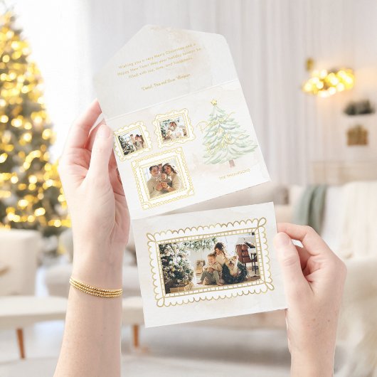 Fun Gold Doodle Frame Peace on Earth 3-Photo Foil オールインワン招待状