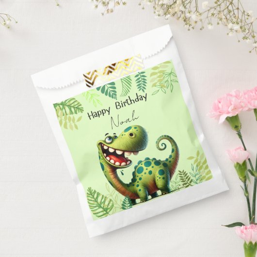 Fun green Dinosaur Childs Birthday フェイバーバッグ (封をした状態)
