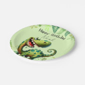 Fun green Dinosaur Childs Birthday ペーパープレート (アングル)