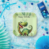 Fun green Dinosaur Childs Birthday ペーパープレート (パーティー)