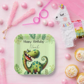 Fun green Dinosaur Childs Birthday ペーパープレート (パーティー)