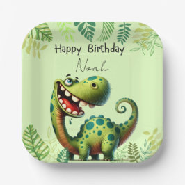 Fun green Dinosaur Childs Birthday ペーパープレート