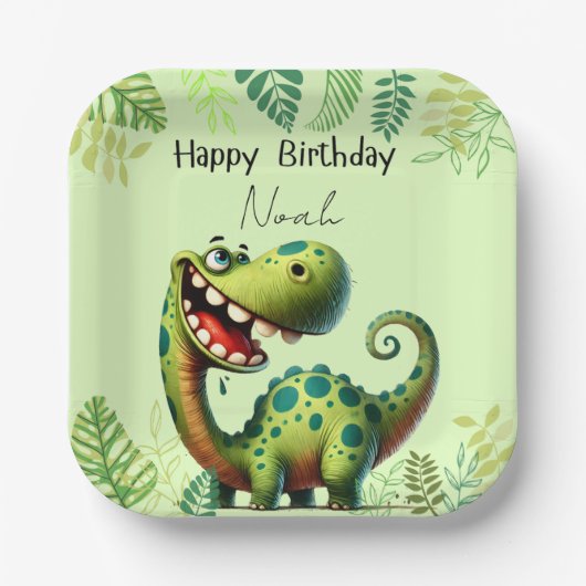 Fun green Dinosaur Childs Birthday ペーパープレート (正面)