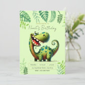 Fun green Dinosaur Childs Birthday 招待状 (スタンド正面)