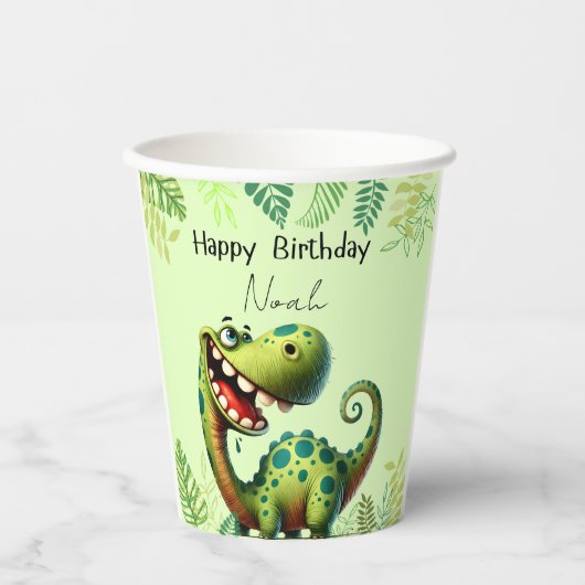 Fun green Dinosaur Childs Birthday 紙コップ (正面)