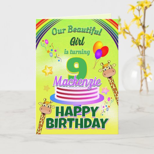 FUN GREEN Happy 9th Birthday Giraffes and Balloons カード (黄色い花)