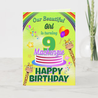 FUN GREEN Happy 9th Birthday Giraffes and Balloons カード