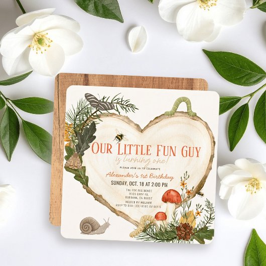 Fun Guy Wood Slice Mushroom Boy 1st Birthday 招待状