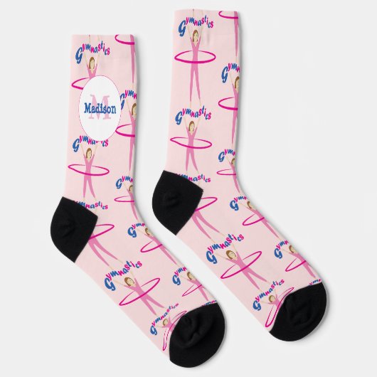 Fun Gymnastics text Pink hula hoop girl Monogram ソックス (右)