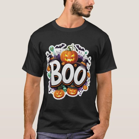 Fun Halloween Boo graphic with glowing pumpkins wi Tシャツ (正面)