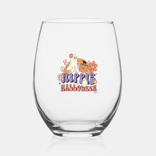 Fun Halloween Designs Hippie Halloween Retro ステムなしワイングラス (正面)