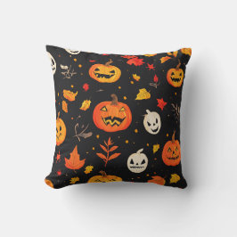 Fun Halloween Pumpkin and Leaves Print クッション