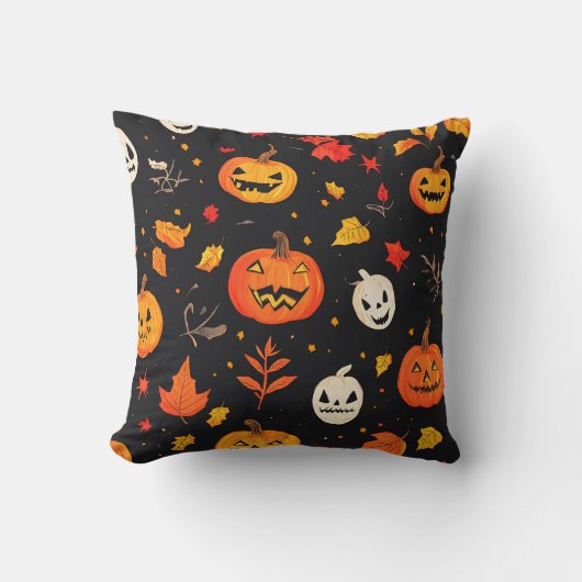 Fun Halloween Pumpkin and Leaves Print クッション (正面)