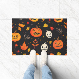 Fun Halloween Pumpkin and Leaves Print ドアマット