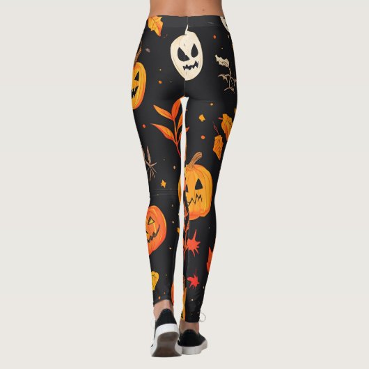 Fun Halloween Pumpkin and Leaves Print レギンス (裏面)