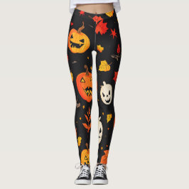 Fun Halloween Pumpkin and Leaves Print レギンス